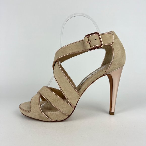 Diane von Furstenberg Jodi Beige Suede Strappy Platform Sandal Heels size 8 - Picture 6 of 16